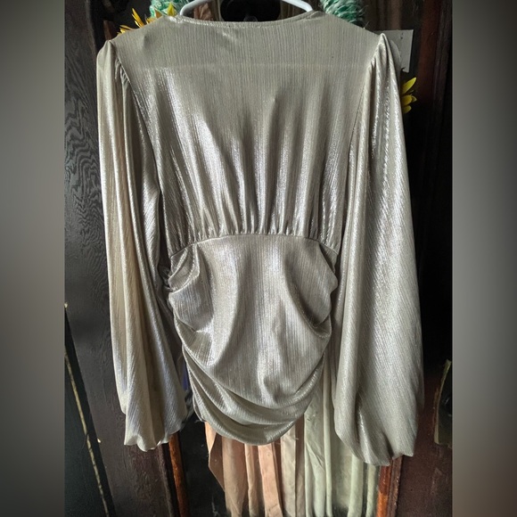 Express Shimmering Silver Dress or Top w Rutched Sides and Dramatic Sleeves EUC - Picture 4 of 7